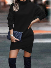 Black turtleneck mini dress with asymmetrical hem and long sleeves