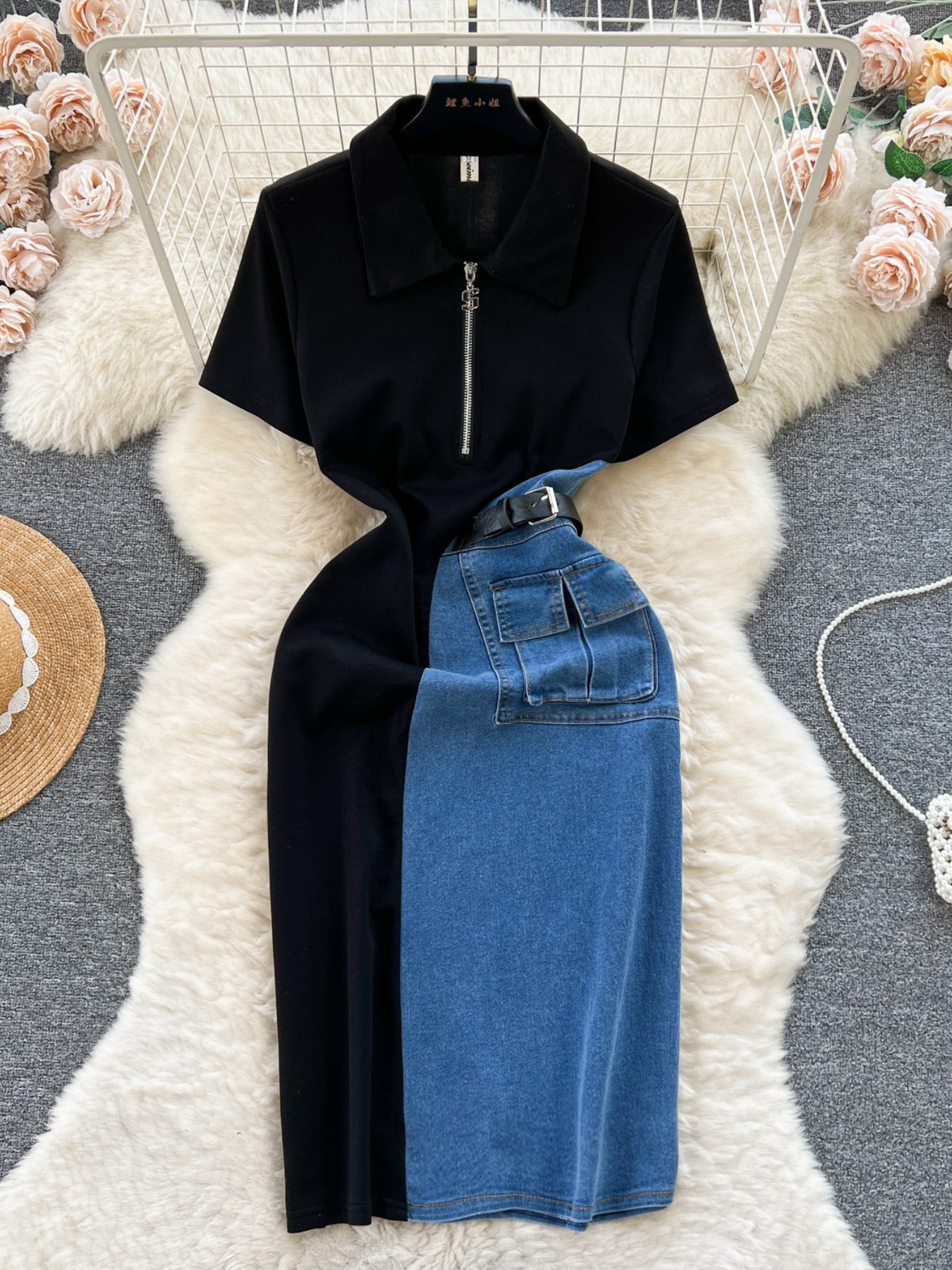 Belted denim midi dress with zip neckline and utility pockets