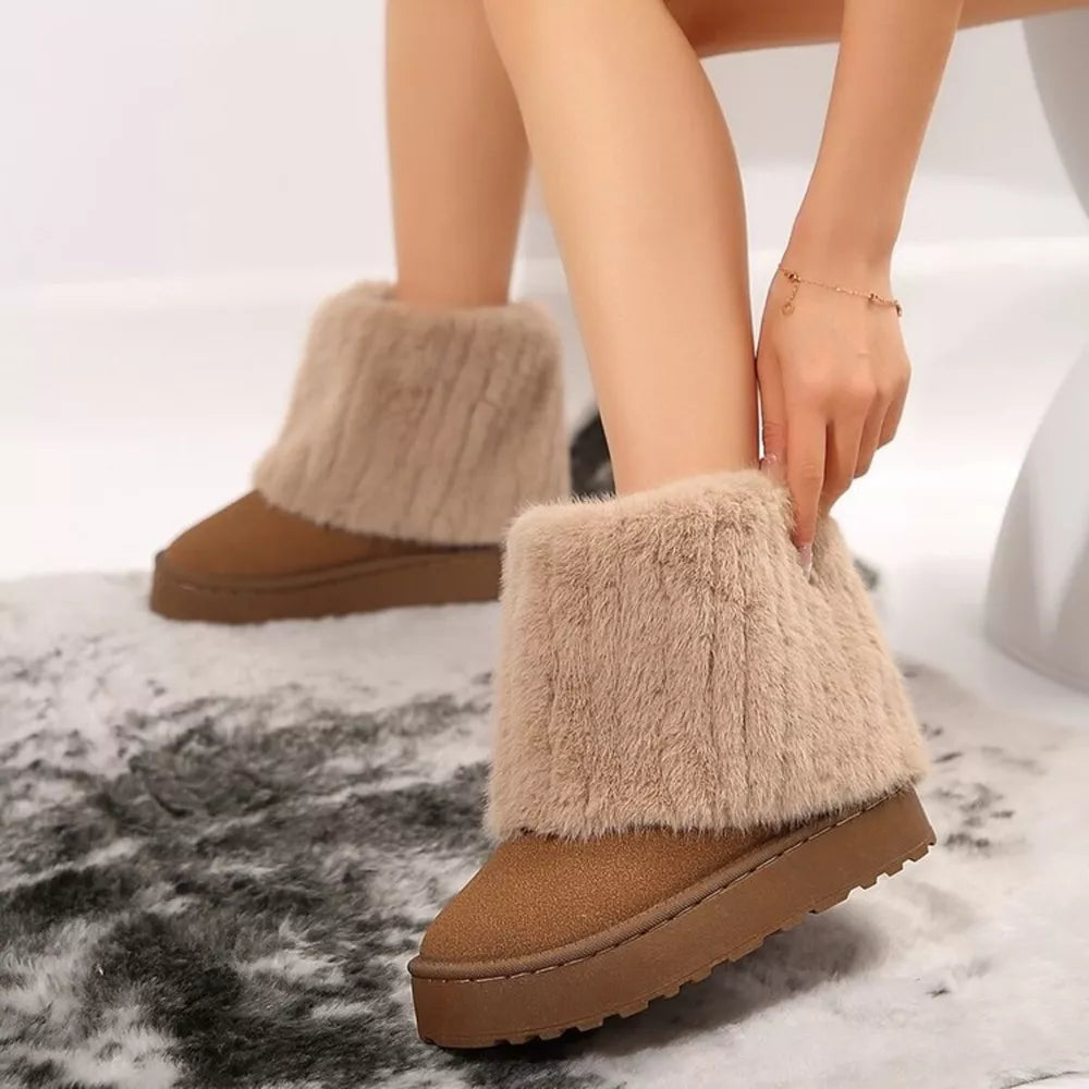 Camel faux fur platform ankle boots with a suede finish and thick sole.