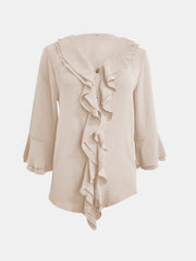 Ruffled linen blouse in beige with flared sleeves and a button detail.