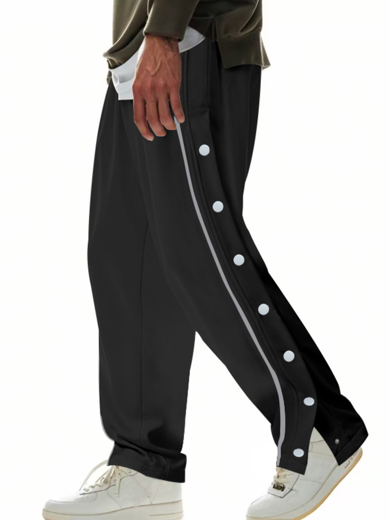 Black men's track pants with side snap buttons and reflective stripe detail.