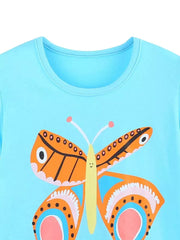 Pastel blue cotton t-shirt with a colorful butterfly graphic and round neckline.