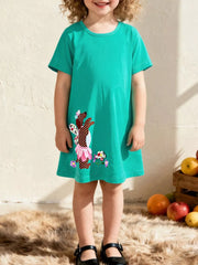 Toddler green cotton dress with embroidered dog design and floral accents