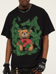 Black cotton blend t-shirt with teddy bear graphic and falling money print.