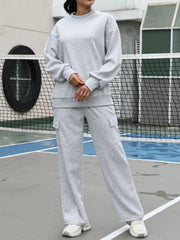 Light gray dropped shoulder sweatshirt and cargo pants loungewear set