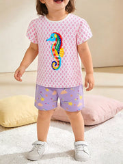 Toddler tee and shorts set with seahorse graphic and cloud/star print.