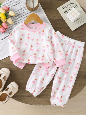 Baby girl's white long sleeve tee and pants set with pink ballerina and bow print.