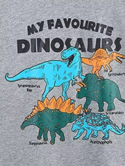 Toddler grey cotton t-shirt with a graphic print of various dinosaurs and the text My Favourite Dinosaurs.