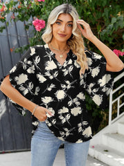 Black floral print blouse with flutter sleeves and V-neck, 100% polyester