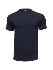 Men's navy blue crew neck t-shirt with striped shoulders and sleeves