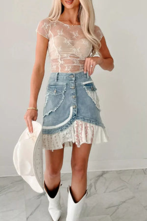 Beige sheer floral embroidered ruched maternity shirt with short sleeves.