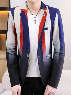 Men's slim fit blazer with gradient stripes in red, blue, and white, featuring a button closure.