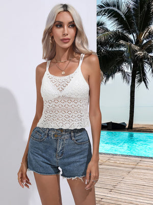 White openwork crochet cami top with diamond pattern and thin straps.