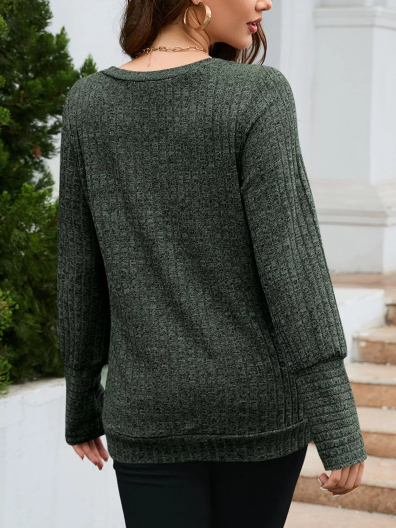 Gray textured V-neck knit long-sleeve top with ribbed cuffs and hem