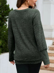 Gray textured V-neck knit long-sleeve top with ribbed cuffs and hem