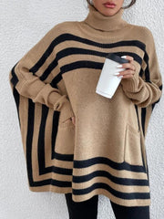 Tan geometric stripe acrylic poncho sweater with turtleneck and pockets