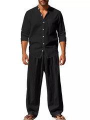 Black linen blend casual two-piece set for men, featuring a band collar shirt and wide-leg pants.