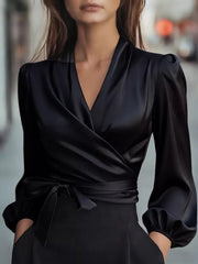 Elegant Satin Wrap Blouse With Bow Detail in Black, back view