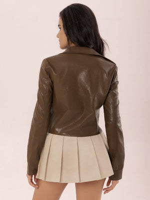 Glossy coffee brown utility crop jacket with a collar and long sleeves.