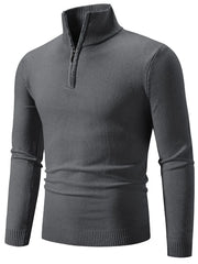 Men's gray slim fit quarter zip sweater with ribbed collar and cuffs