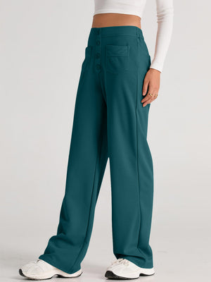 Button-front wide leg trousers in deep teal with two front pockets and a high waist.