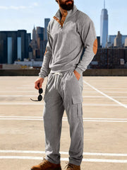 Men's Casual Button Detail Top And Pants Set in Gray, product detail