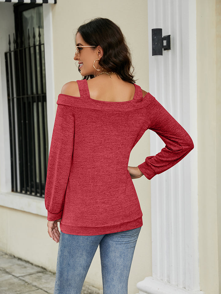 Deep Rose off-shoulder square neck cutout top with long sleeves.