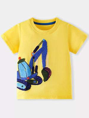 Yellow cotton crew neck t-shirt for kids with an embroidered blue and green excavator patch.