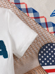 White cotton baby tee with textured blue letter detail and patriotic trim.