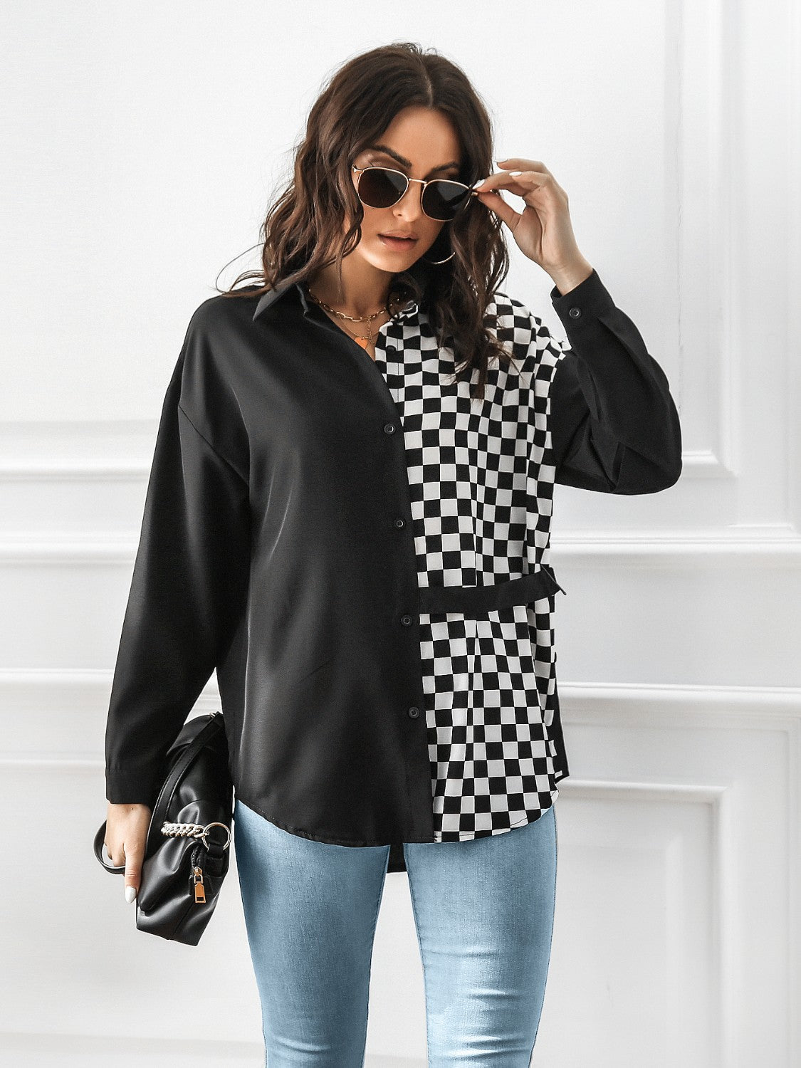 Checkerboard panel button-down shirt in black and white with a tie waist detail.