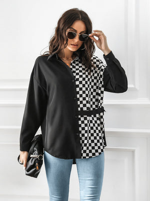 Checkerboard panel button-down shirt in black and white with a tie waist detail.