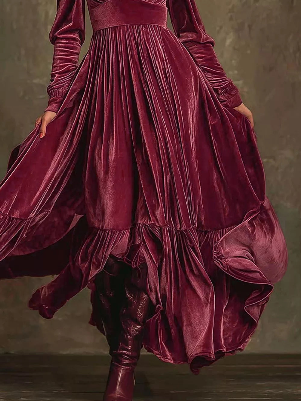 Elegant cerise velvet maxi dress with voluminous sleeves and ruffled hem.