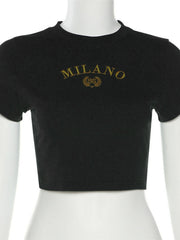 Black cropped t-shirt with crew neck and gold MILANO embroidery.