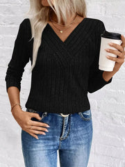 Ribbed V-neck Long Sleeve T-shirt in Grey, view 12