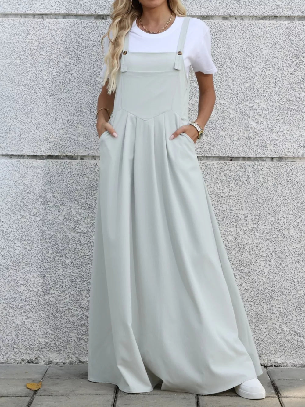 Pleated Detail Overall Dress in Grey, model styling view
