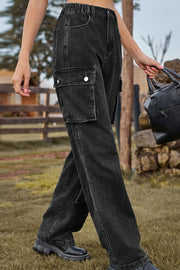 Black denim cargo pants with relaxed wide leg and utility pockets.