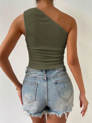 Green waffle knit asymmetrical tank top with one shoulder strap.