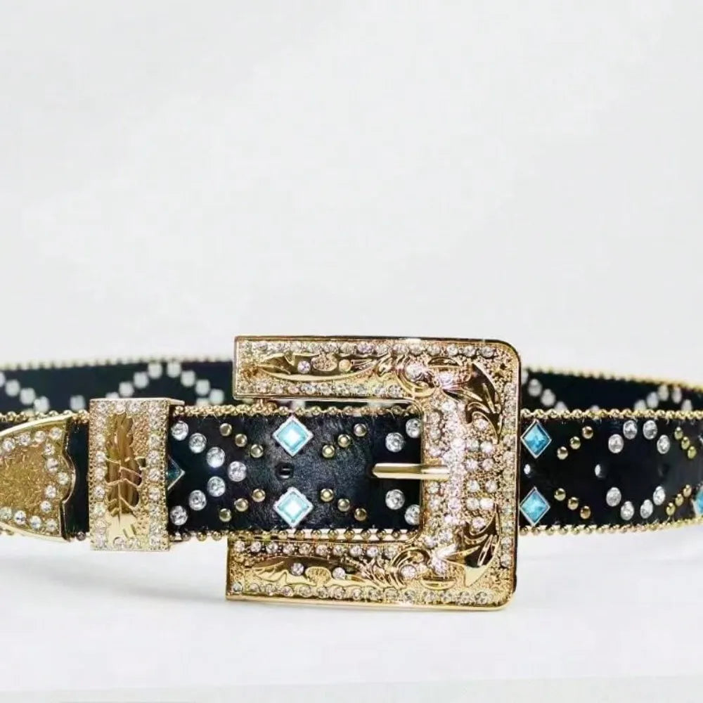 Black embellished western belt with ornate gold buckle and crystal accents.
