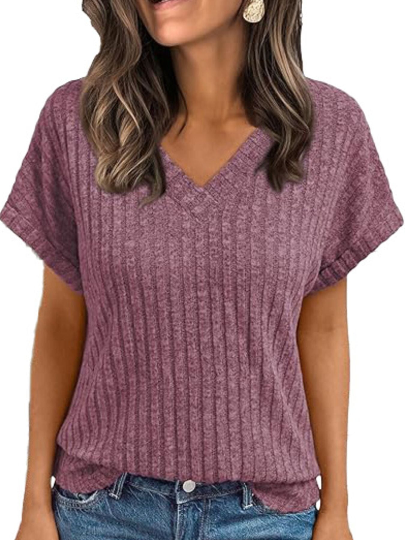 Burgundy ribbed V-neck t-shirt with short sleeves and a relaxed fit.