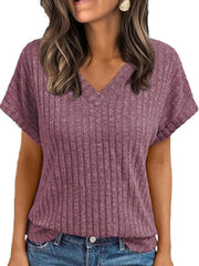 Burgundy ribbed V-neck t-shirt with short sleeves and a relaxed fit.