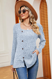 Light blue ribbed button-down top with square neckline and asymmetric hem
