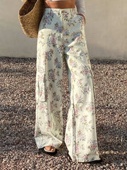 Pastel Floral High-waisted Wide-leg Jeans