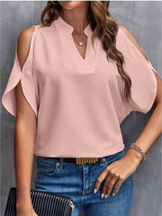 Blush pink open-shoulder blouse with mandarin collar and V-neck detail.