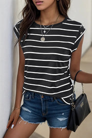 Black and white stripe tee with cap sleeves and button shoulder detail