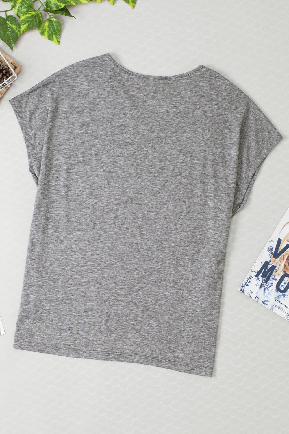Dark Gray Lace-Inset Dolman Sleeve Tee with scoop neck and short sleeves.