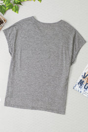 Dark Gray Lace-Inset Dolman Sleeve Tee with scoop neck and short sleeves.