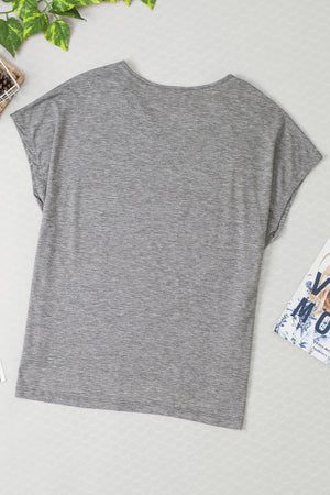 Dark Gray Lace-Inset Dolman Sleeve Tee with scoop neck and short sleeves.