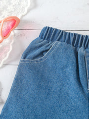 Blue denim shorts with elastic waistband and white stitching detail.