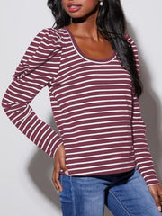 Burgundy and white striped tee with puff sleeves and a scoop neck.