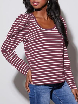 Burgundy and white striped tee with puff sleeves and a scoop neck.